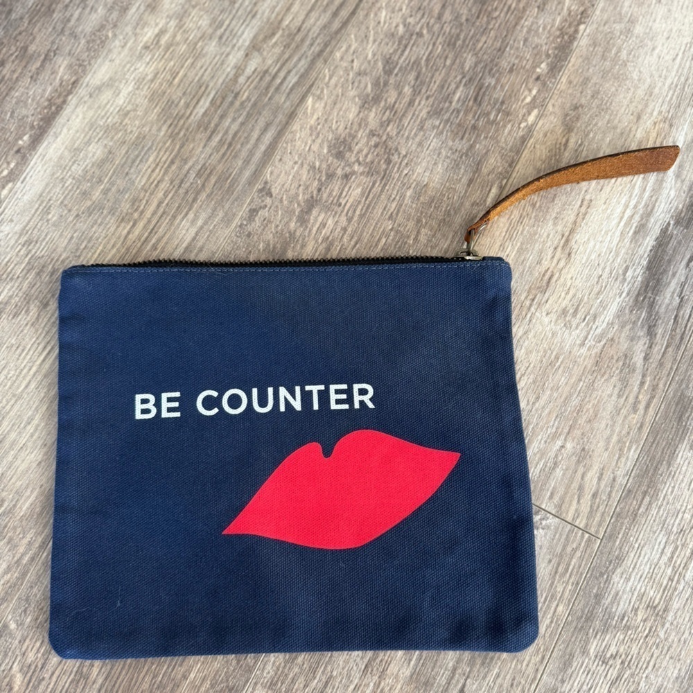 Parker Thatch Canvas Navy Pouch with Red Lip Design - Leather Zipper Pull